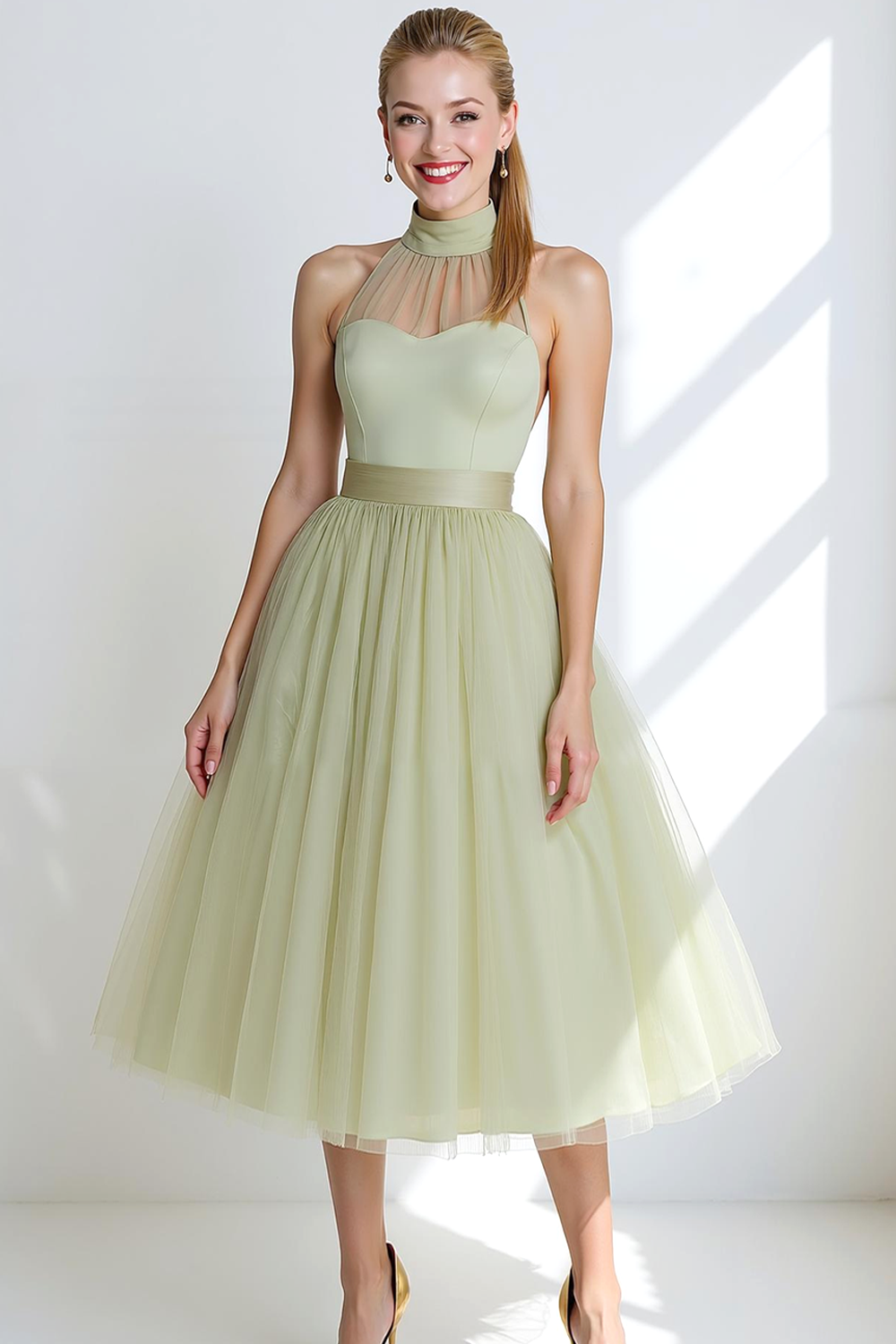 Modecrush Light Green A-Line Halter Organza Midi Prom Dress