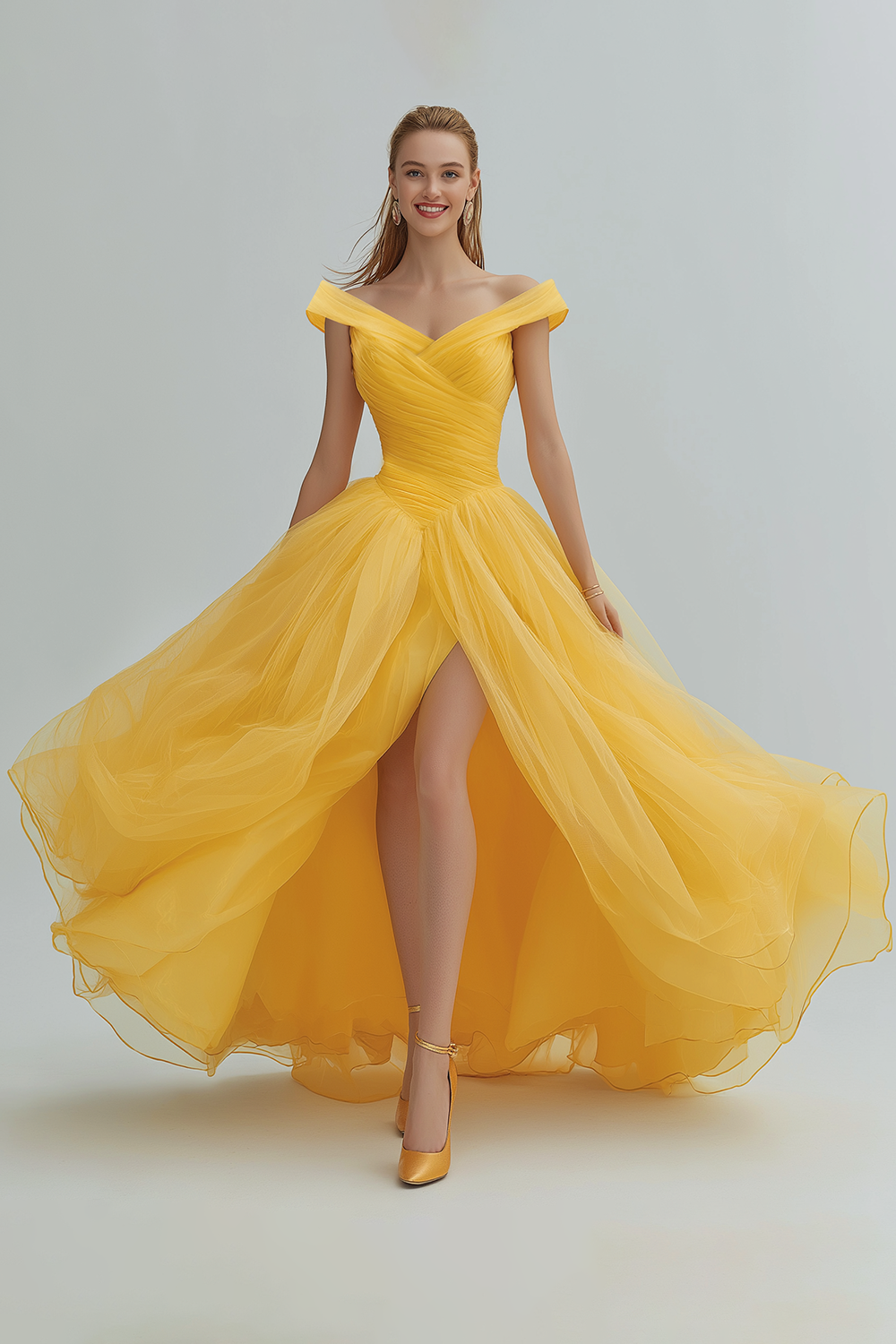 Modecrush Yellow A-Line Off the Shoulder Organza Long Prom Dress with Slit