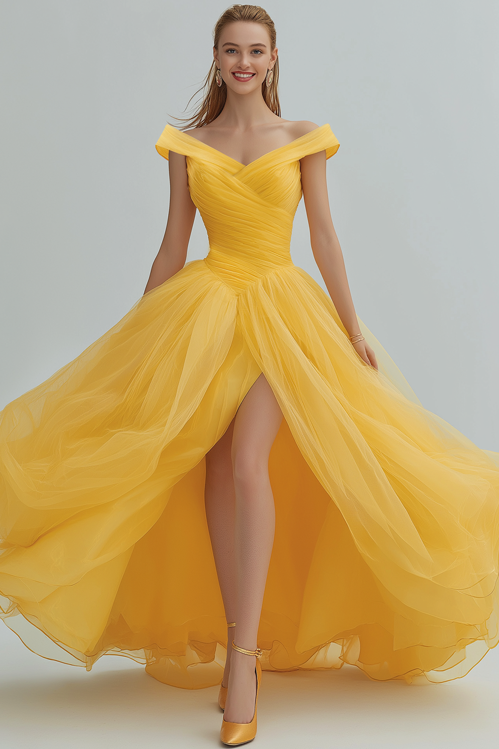 Modecrush Yellow A-Line Off the Shoulder Organza Long Prom Dress with Slit