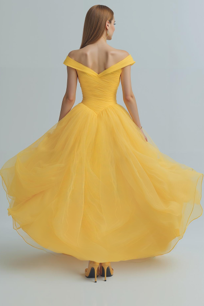 Modecrush Yellow A-Line Off the Shoulder Organza Long Prom Dress with Slit