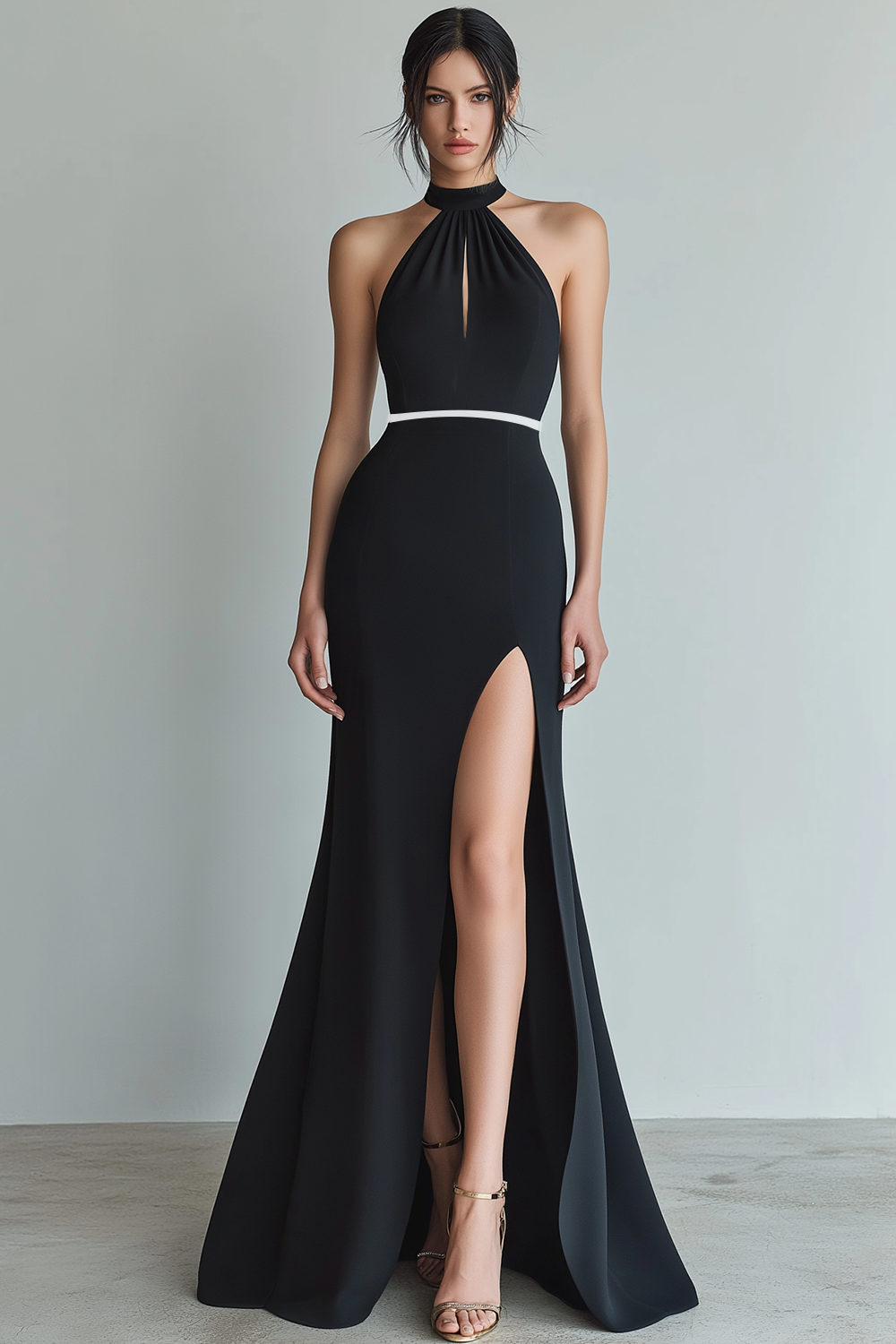 Modecrush Black A-Line Halter Chiffon Long Formal Dress with Slit