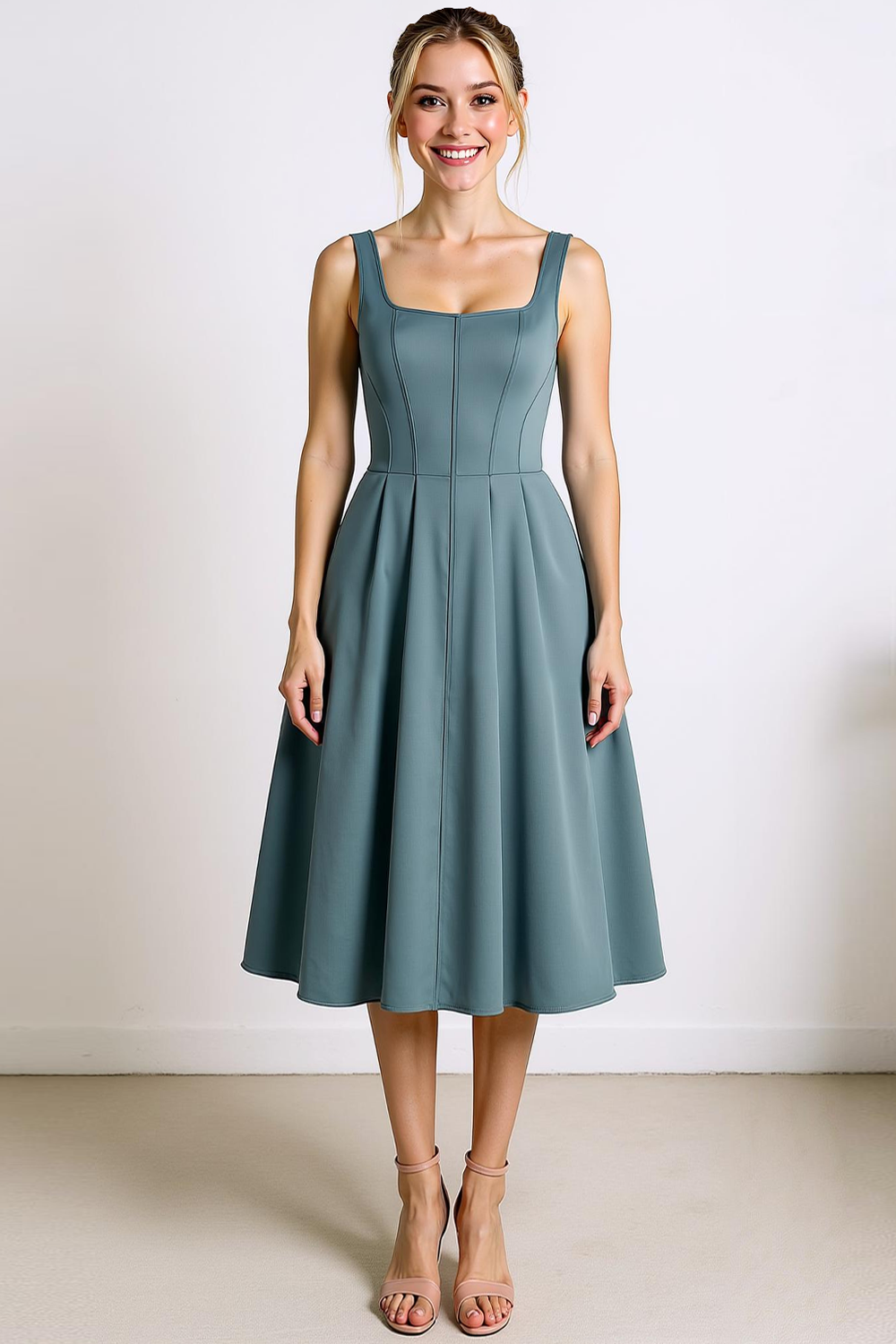 Modecrush Dusty Blue A-Line Square Neck Splicing Formal Dress 