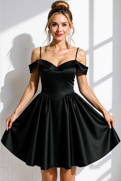 Modecrush Black A-Line Cold Shoulder Satin Short Homecoming Dress 
