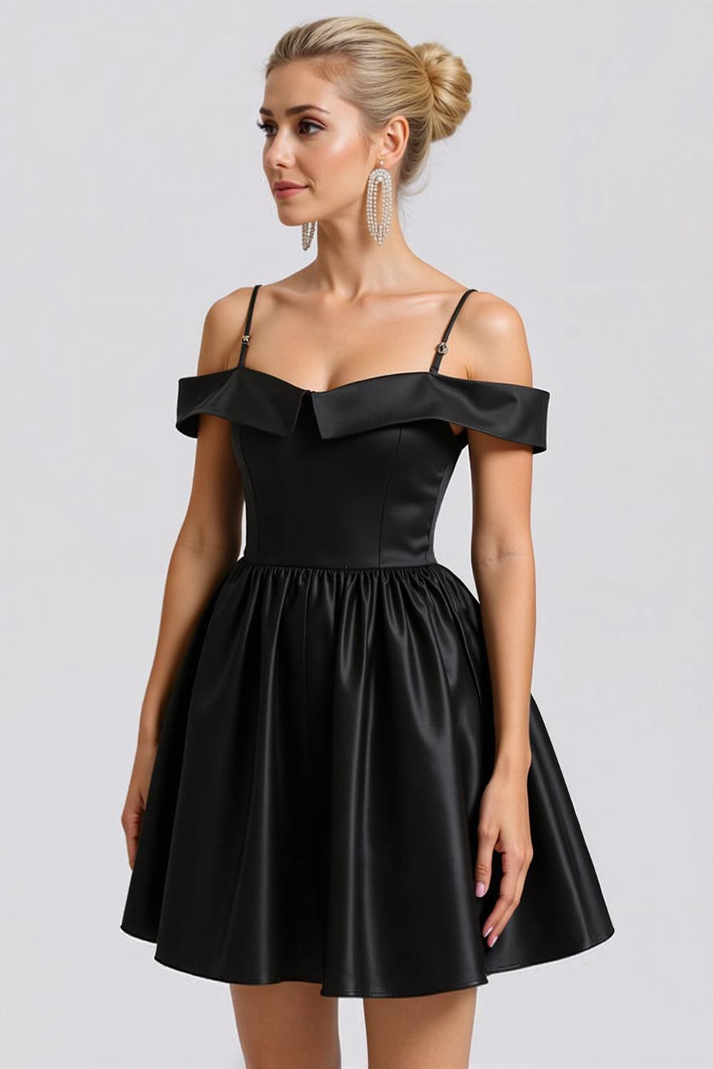 Modecrush Black A-Line Cold Shoulder Satin Short Homecoming Dress 