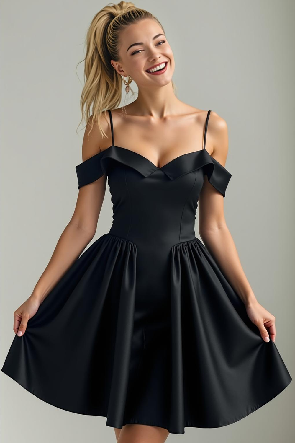 Modecrush Black A-Line Cold Shoulder Satin Short Homecoming Dress