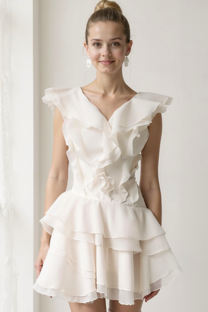 Modecrush White A-Line V-Neck Chiffon Short Homecoming Dress with Ruffles
