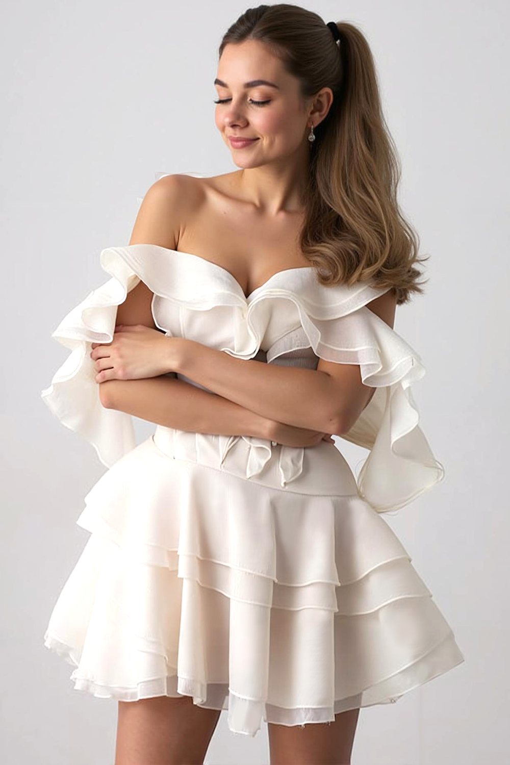 Modecrush White A-Line V-Neck Chiffon Short Homecoming Dress with Ruffles