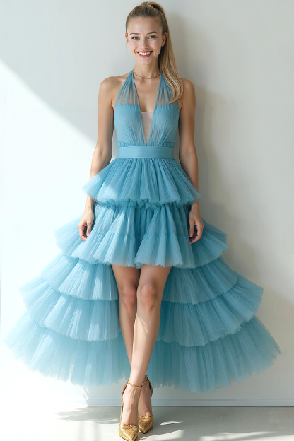 Modecrush Sky Blue A-Line Halter Tiered Organza Prom Dress
