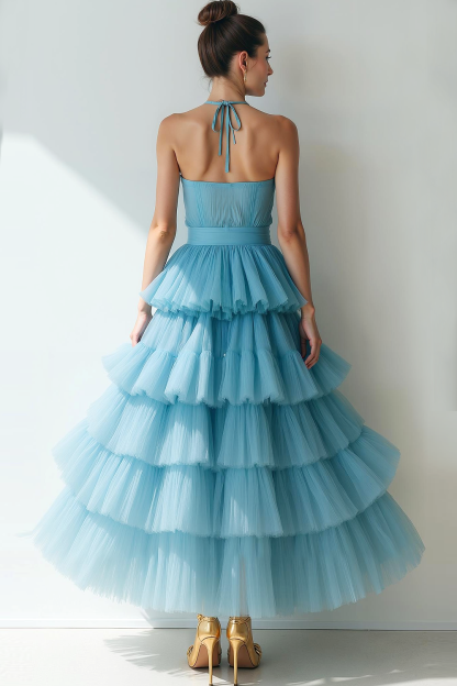 Modecrush Sky Blue A-Line Halter Tiered Organza Prom Dress 