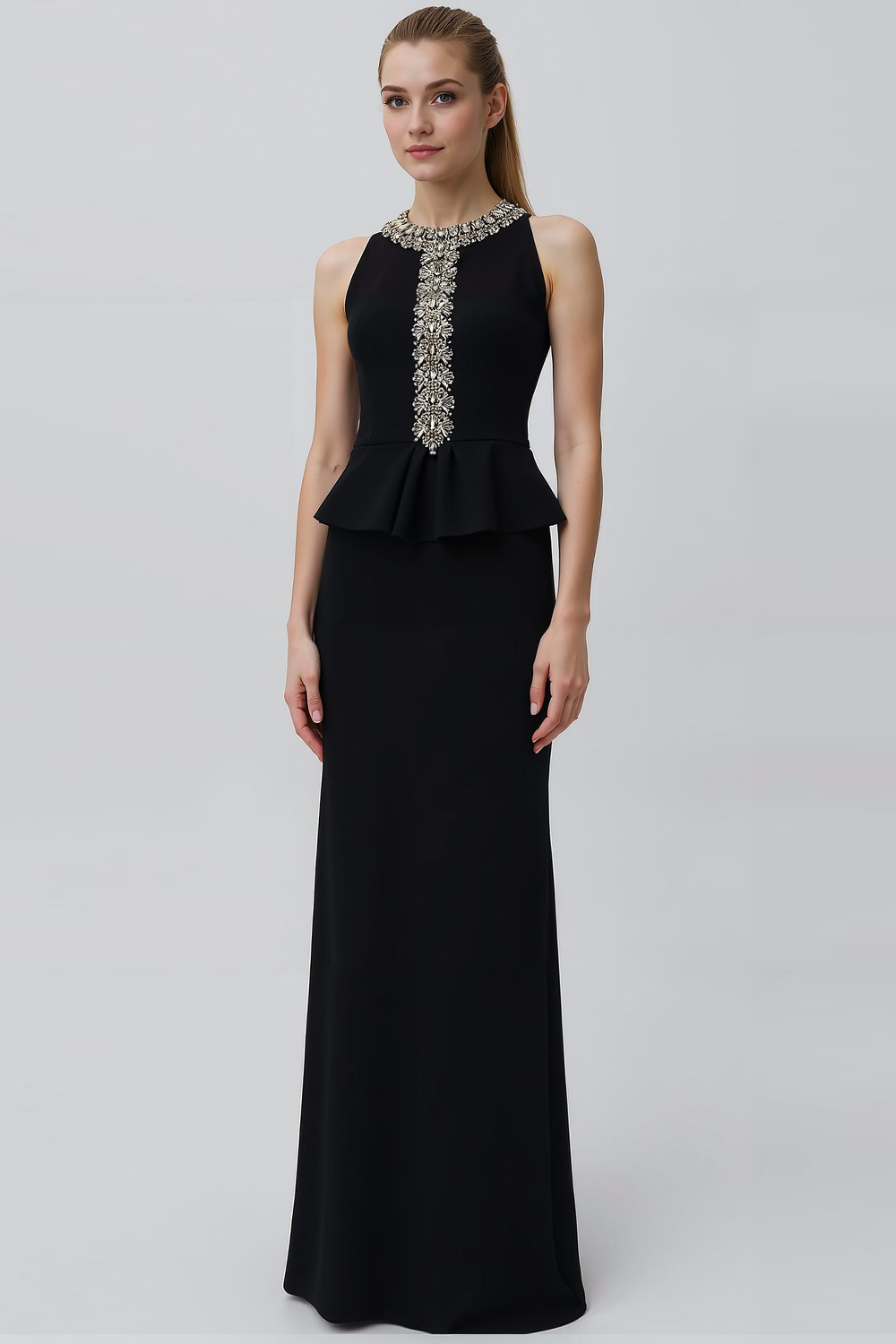 Modecrush Black Sheath Crew Neck Chiffon Long Formal Dress with Beading