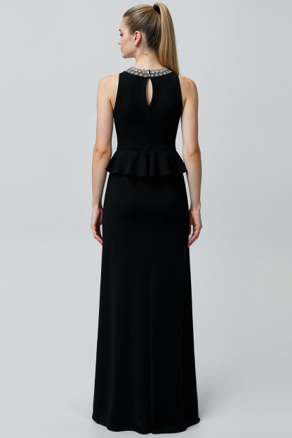 Modecrush Black Sheath Crew Neck Chiffon Long Formal Dress with Beading