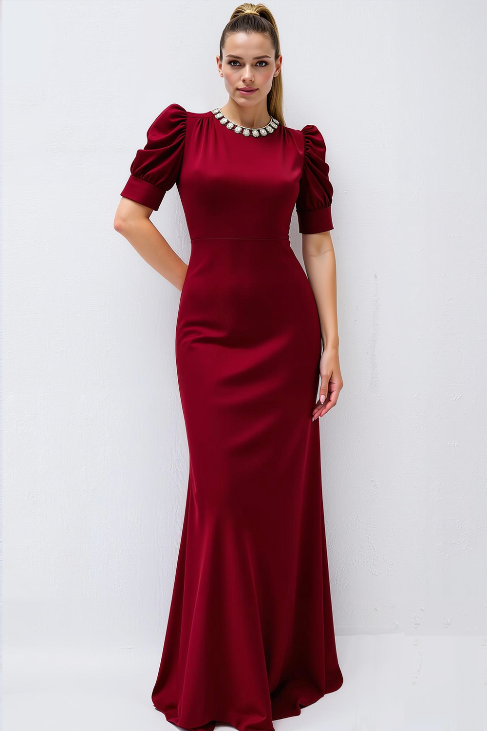Modecrush Royal Blue Sheath Crew Neck Satin Long Formal Dress with Beading