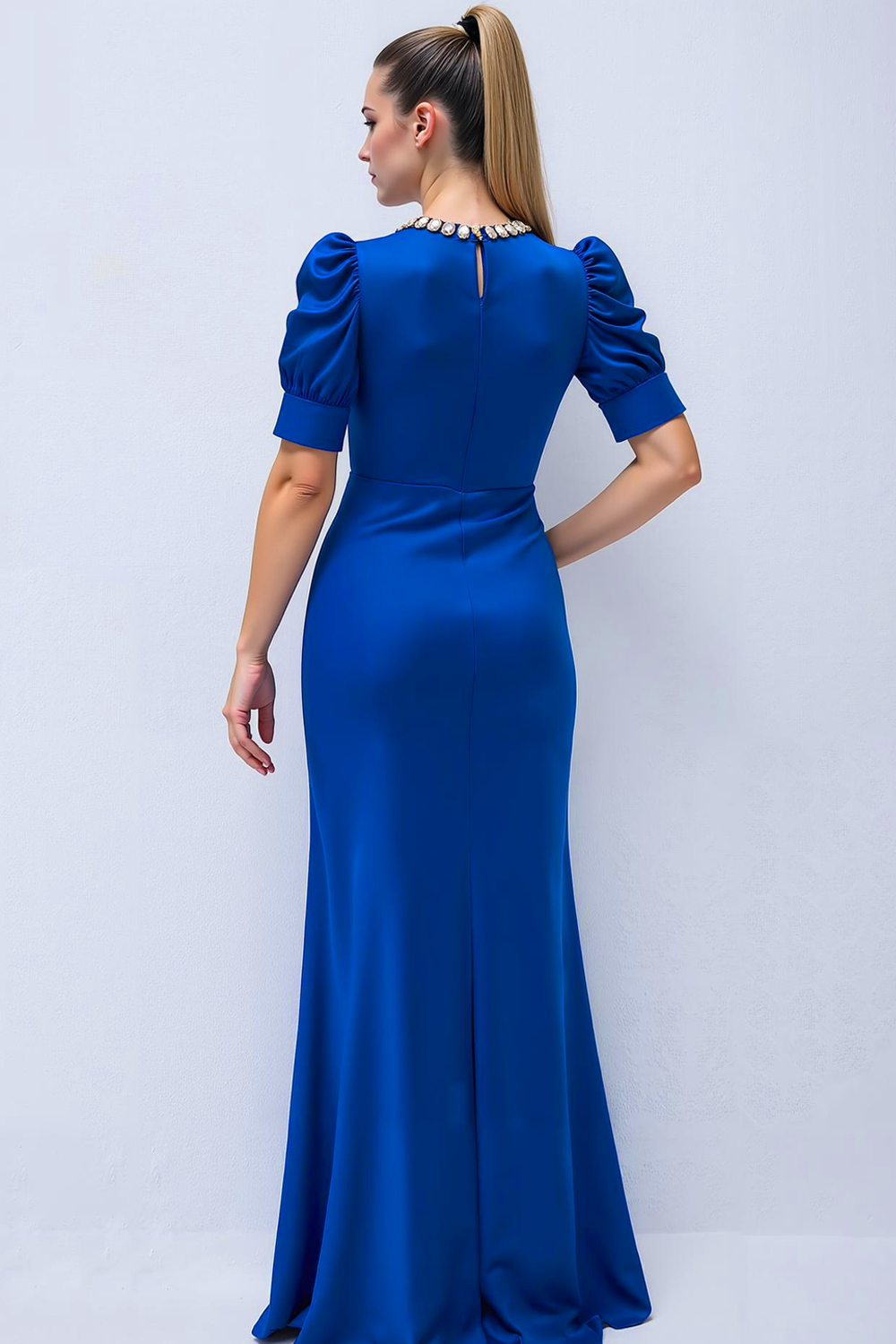 Modecrush Royal Blue Sheath Crew Neck Satin Long Formal Dress with Beading