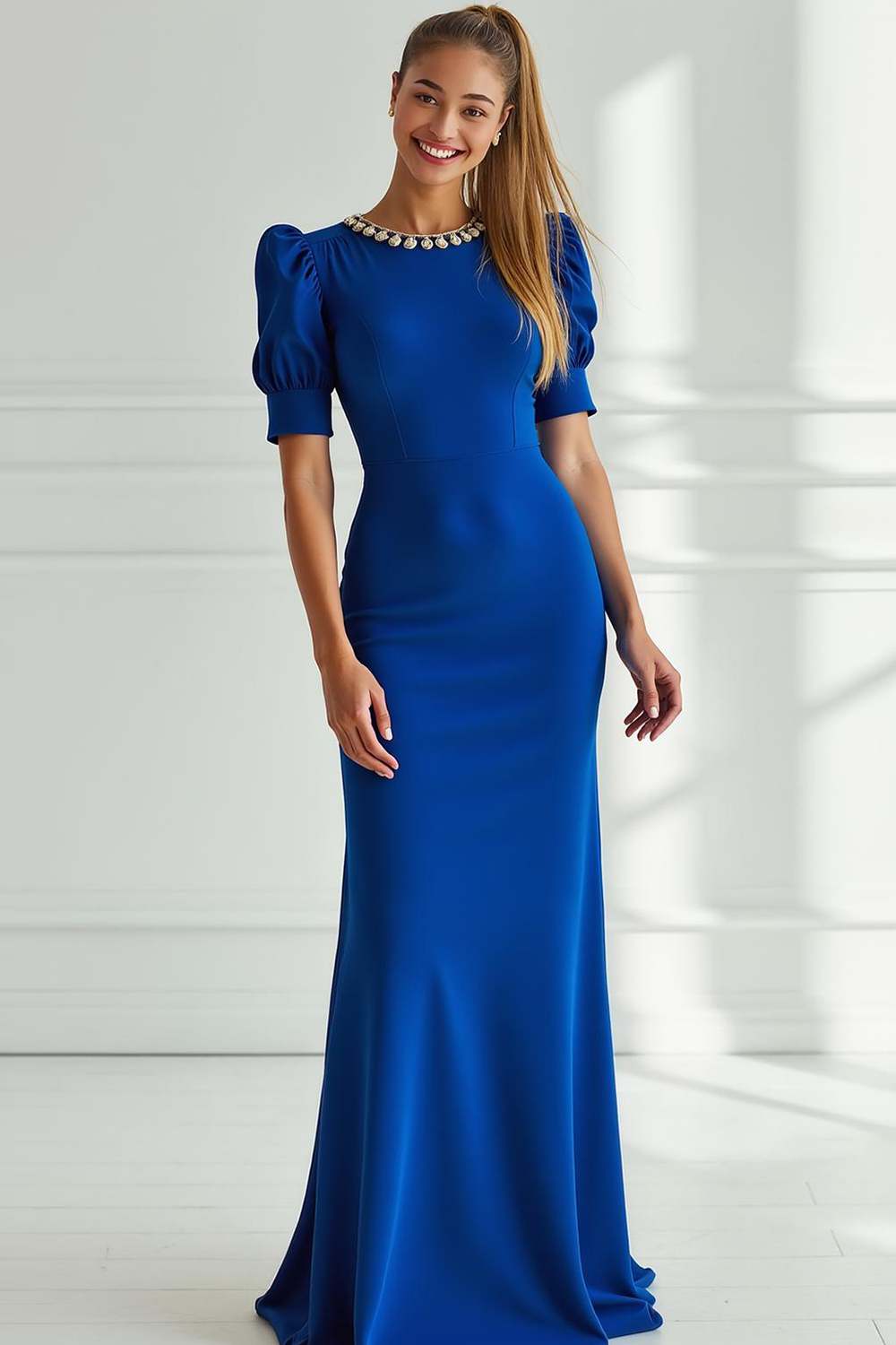 Modecrush Royal Blue Sheath Crew Neck Satin Long Formal Dress with Beading