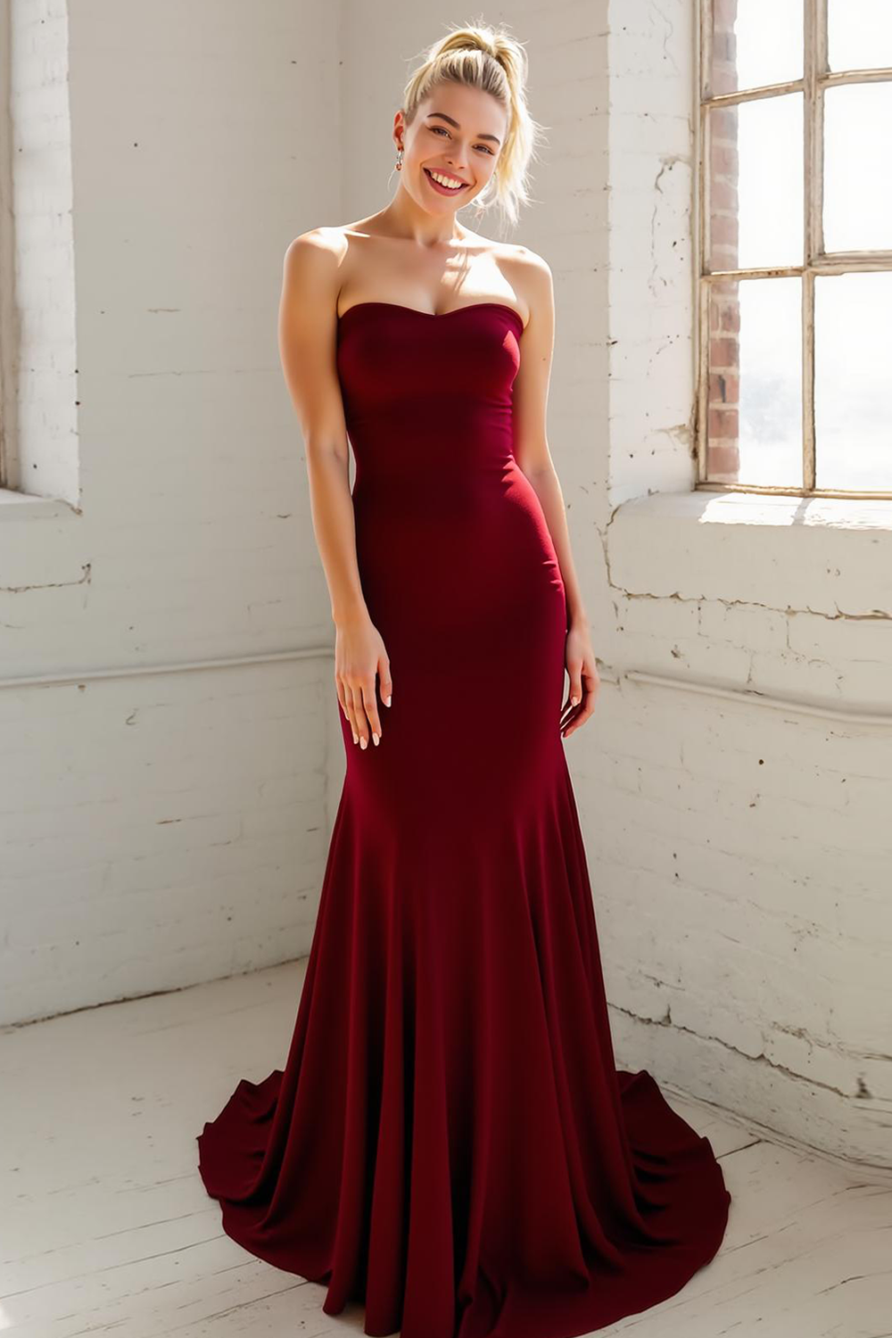 Modecrush Cabernet A-Line Strapless Chiffon Long Formal Dress