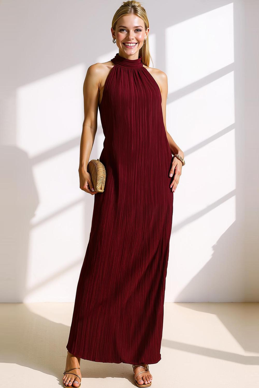 Modecrush Cabernet Sheath Halter Pleated Formal Dress 