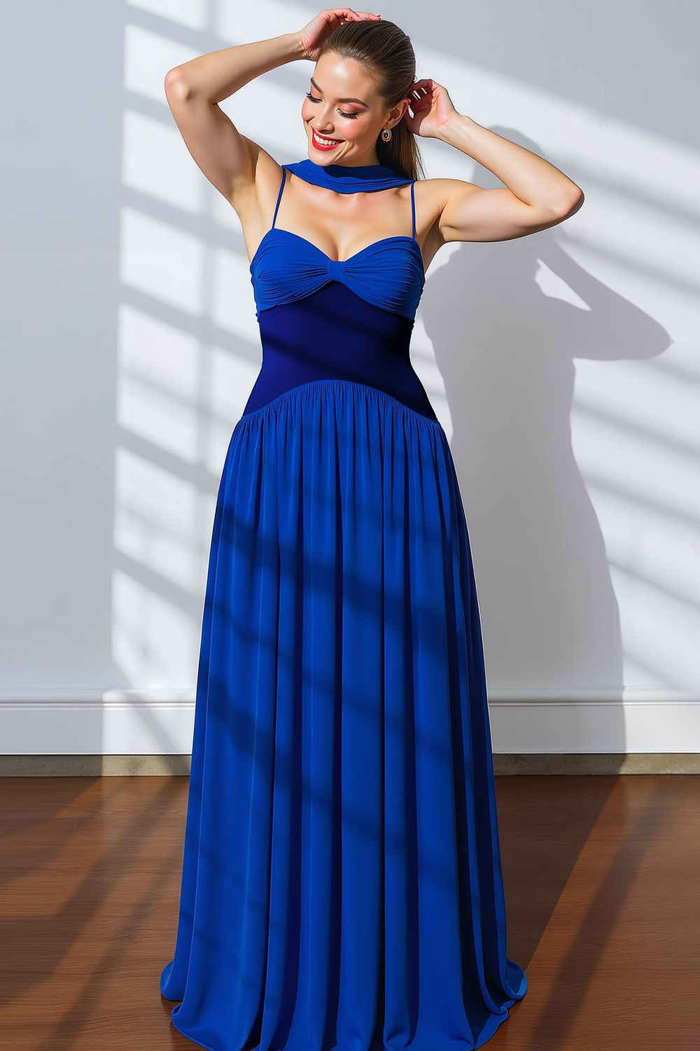 Modecrush Royal Blue A-Line Spaghetti Straps Chiffon Long Formal Dress 