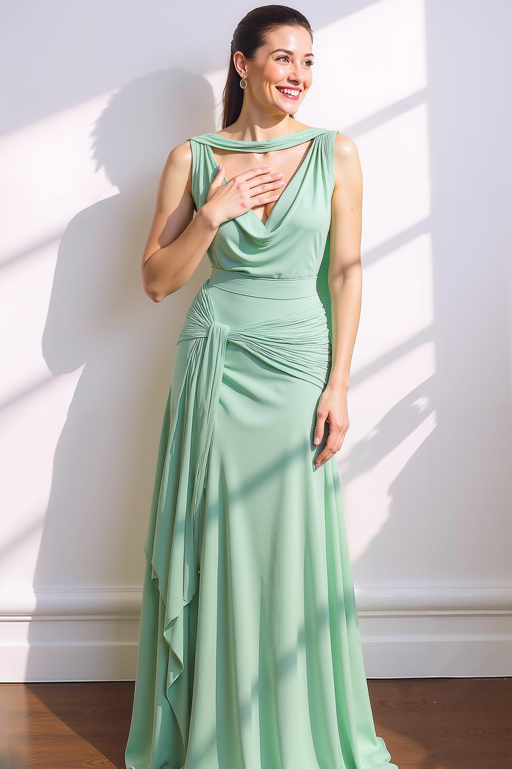 Modecrush Light Green A-Line V-Neck Chiffon Long Formal Dress 