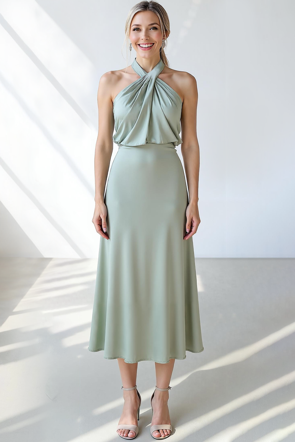 Modecrush A-Line Sage Green Halter Pleated Midi Formal Dress