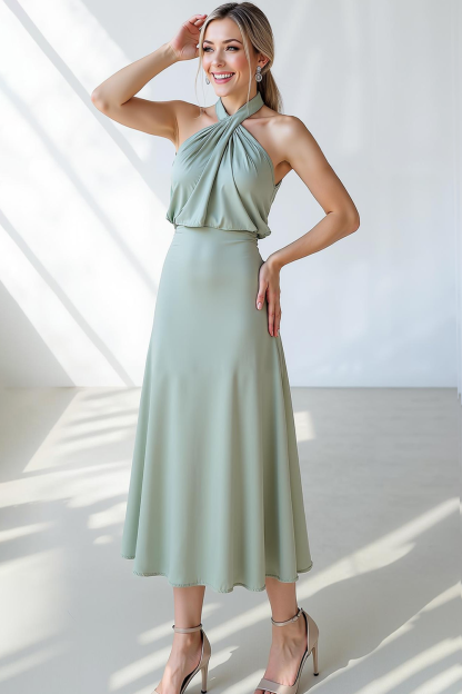 Modecrush A-Line Sage Green Halter Pleated Midi Formal Dress