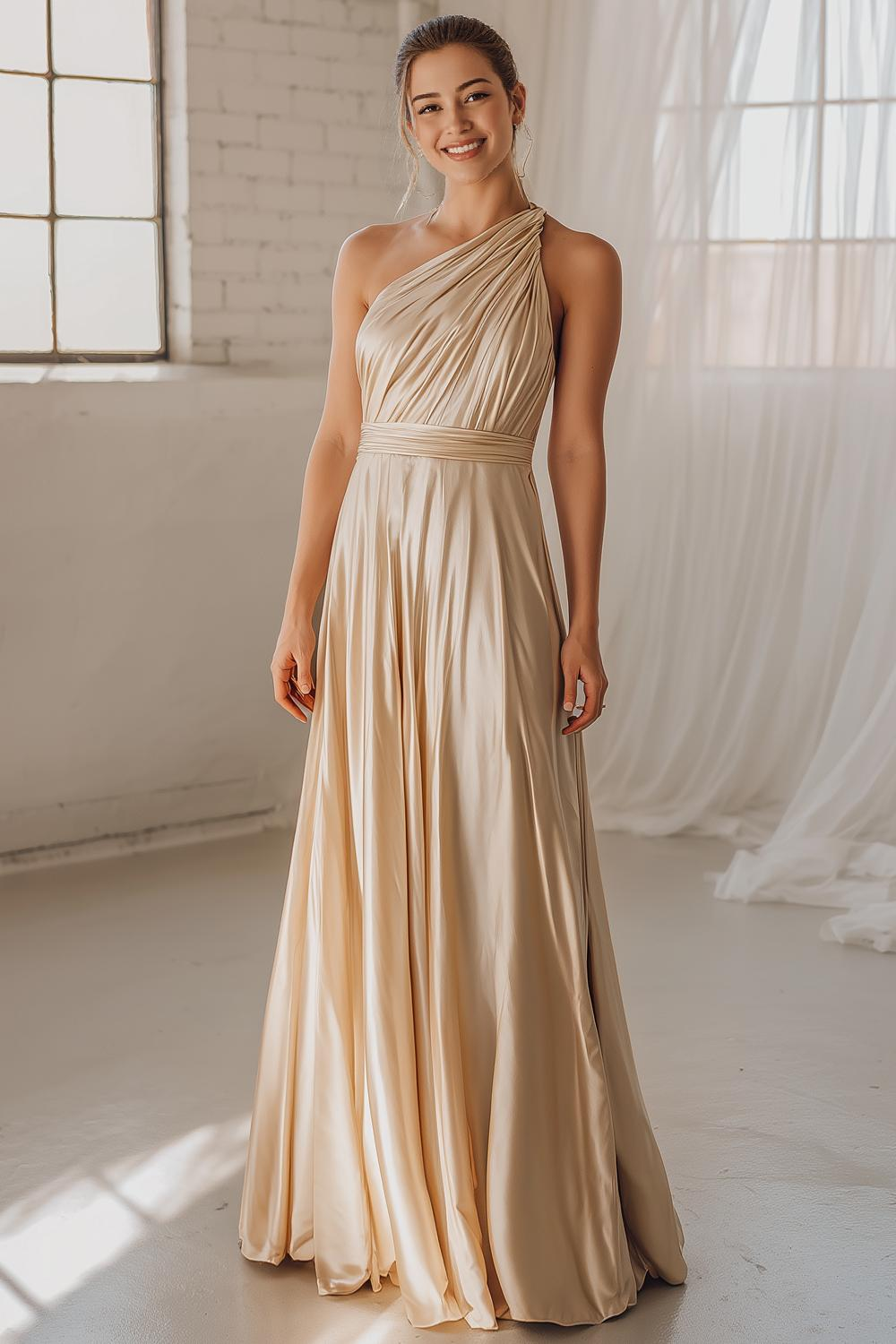 Modecrush A-Line Champagne One Shoulder Pleated Long Formal Dress