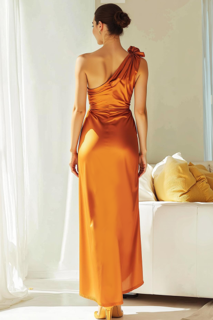 Modecrush Sheath Orange One Shoulder Satin Long Formal Dress
