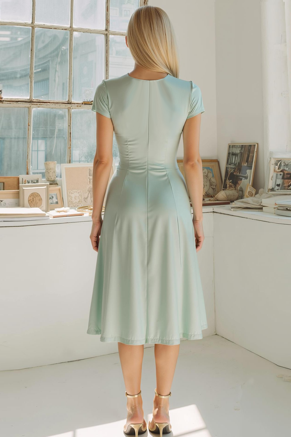 Modecrush A-Line Sage Green V-Neck Midi Formal Dress