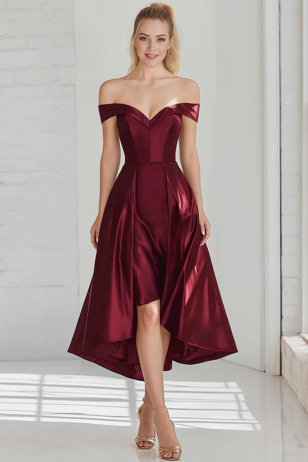 Modecrush A-Line Cabernet Off the Shoulder Midi Prom Dress