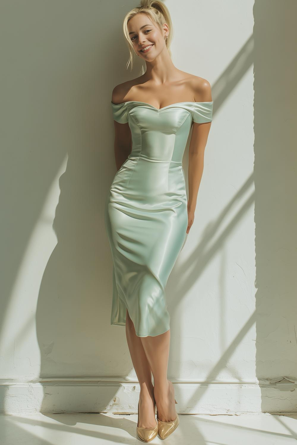Modecrush Bodycon Sage Green Off the Shoulder Satin Midi Formal Dress