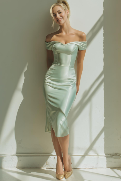 Modecrush Bodycon Sage Green Off the Shoulder Satin Midi Formal Dress