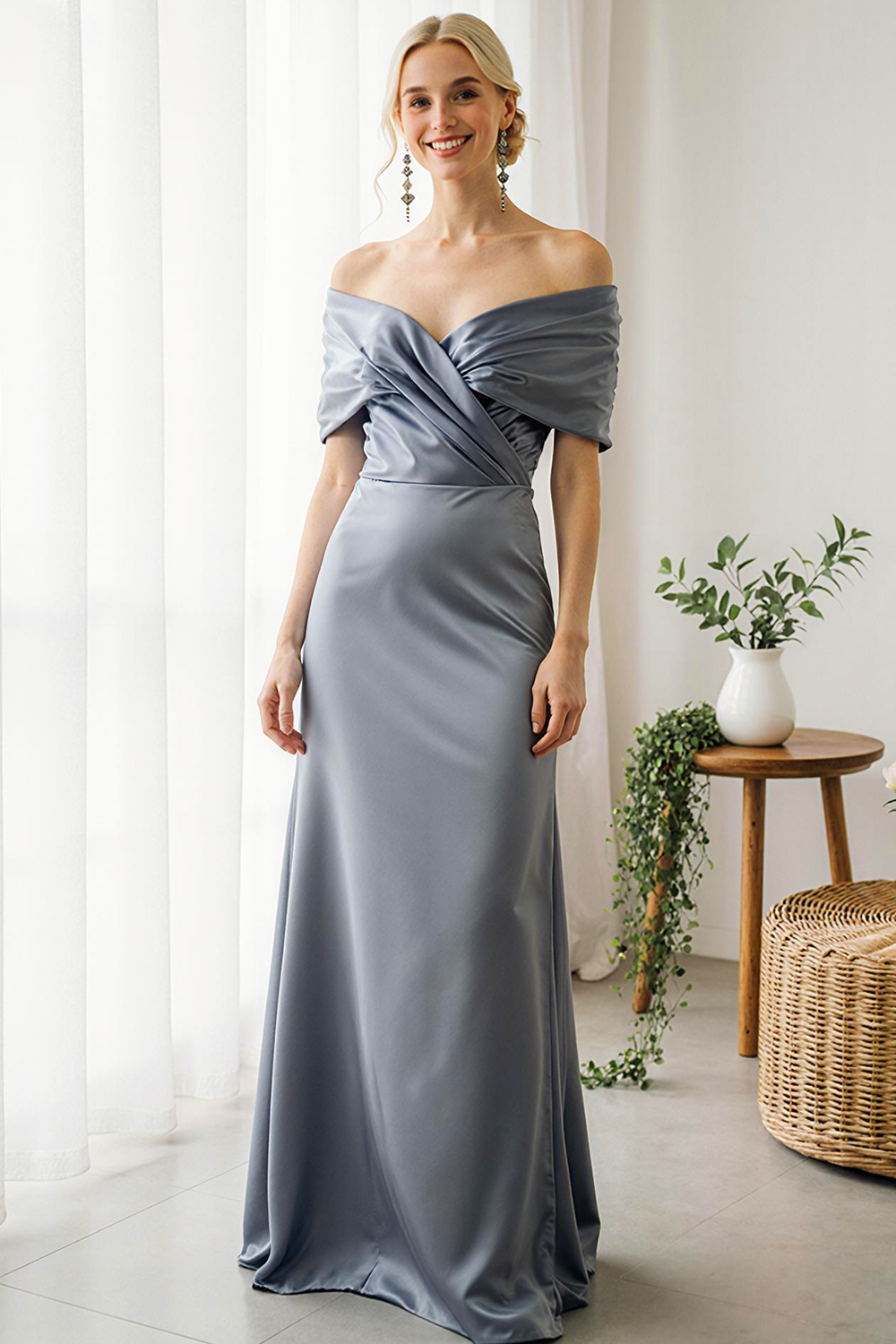 Modecrush Sheath Dusty Blue Off the Shoulder Satin Long Wedding Guest Dress 