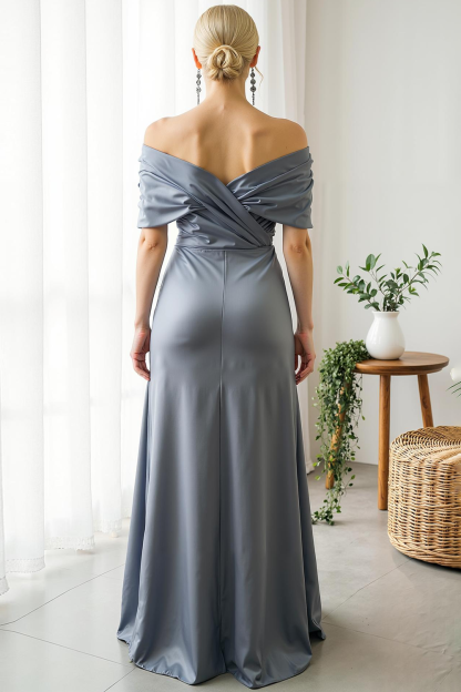 Modecrush Sheath Dusty Blue Off the Shoulder Satin Long Wedding Guest Dress 