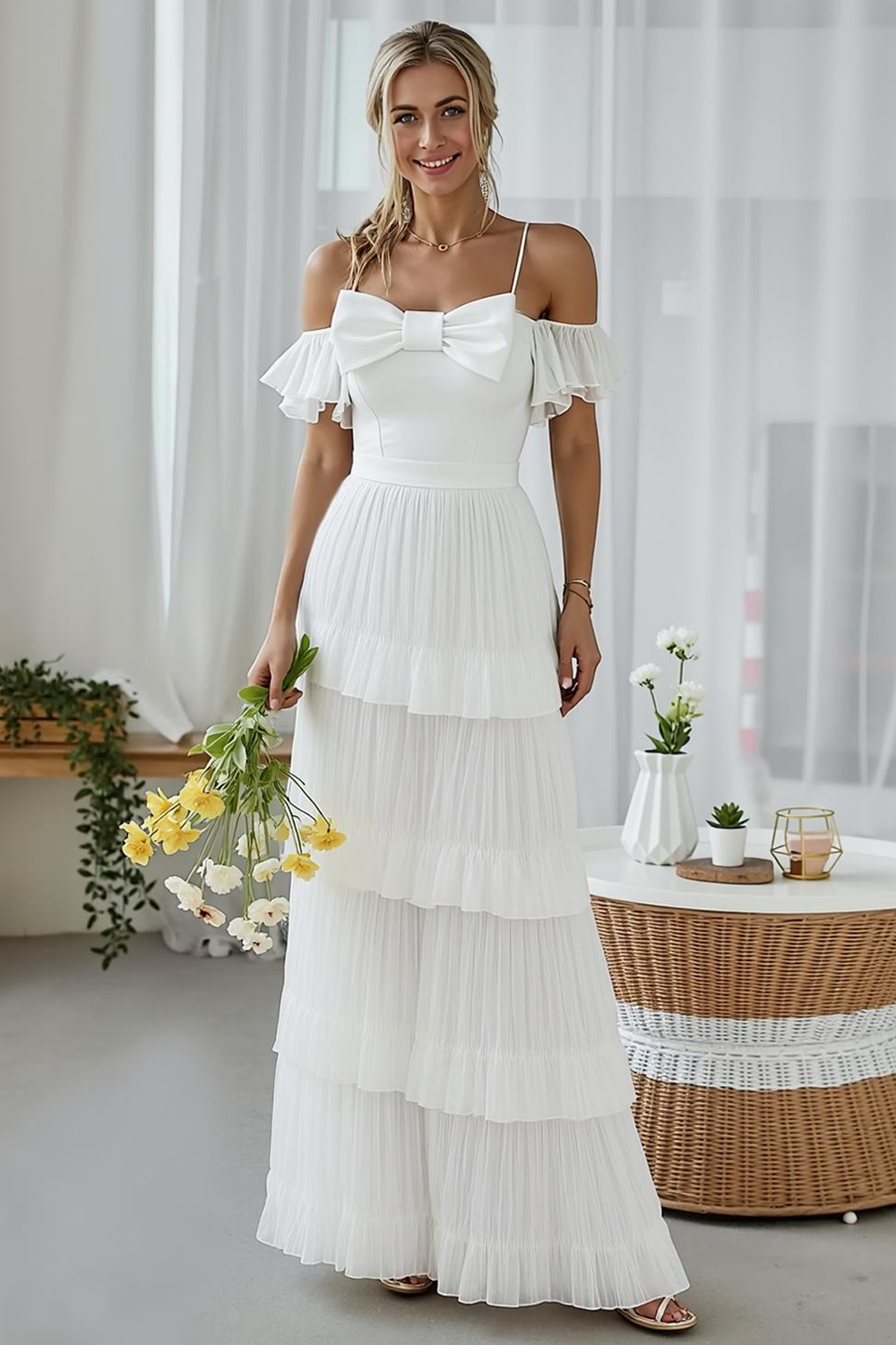 Modecrush A-Line White Off the Shoulder Tiered Long Wedding Guest Dress with Bowknot