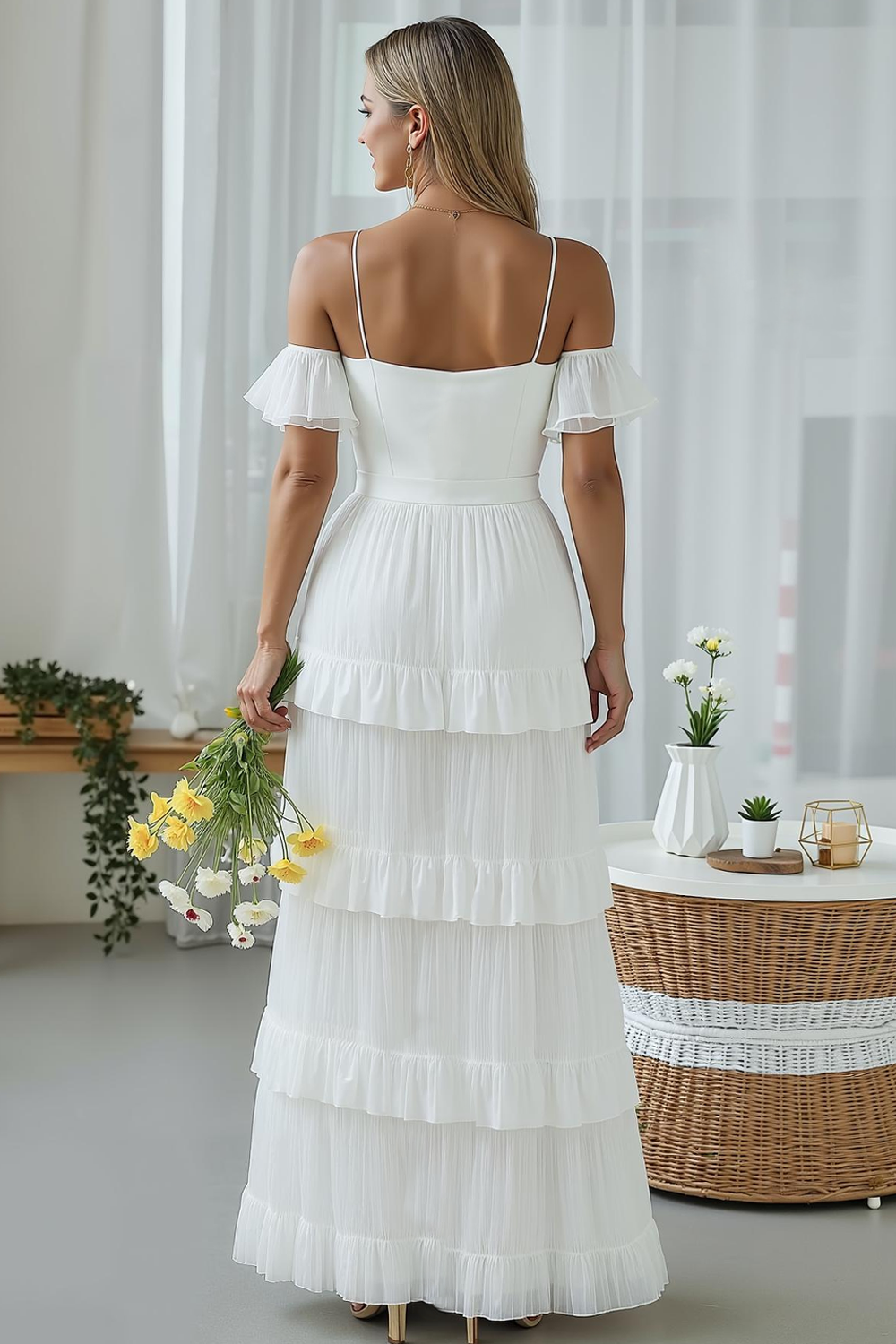 Modecrush A-Line White Off the Shoulder Tiered Long Wedding Guest Dress with Bowknot