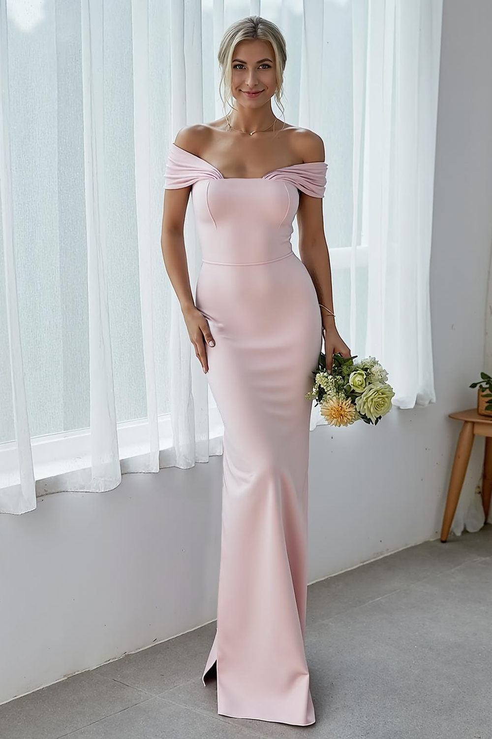 Modecrush Sheath Pink Off the Shoulder Long Wedding Guest Dress with Slit