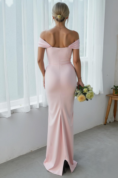 Modecrush Sheath Pink Off the Shoulder Long Wedding Guest Dress with Slit