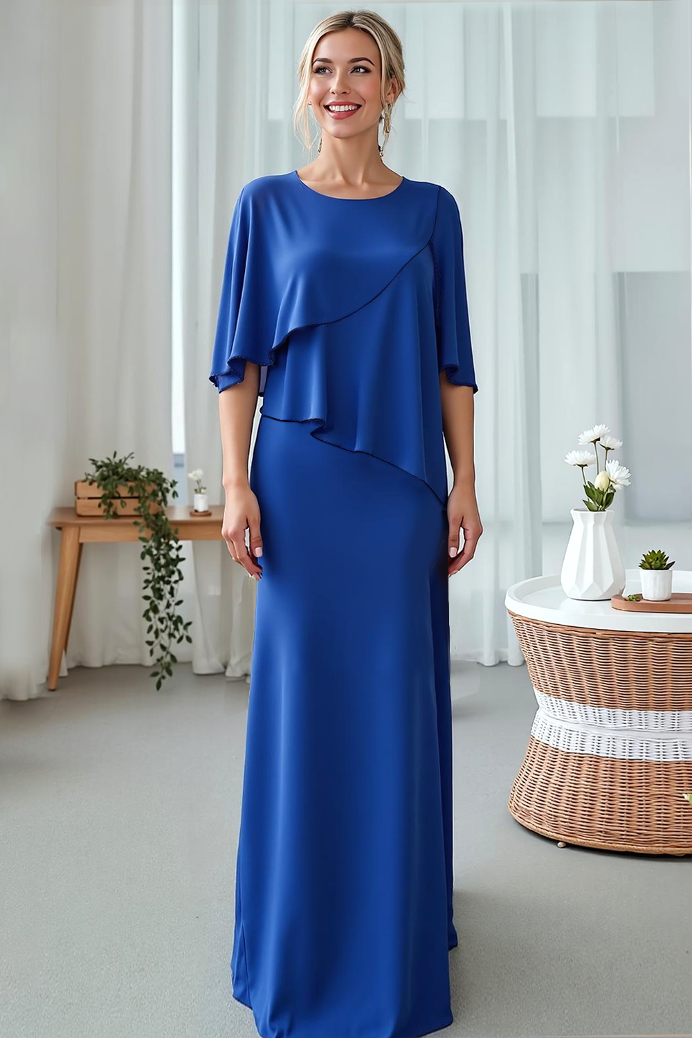 Modecrush Sheath Royal Blue Crew Neck Long Formal Dress with Ruffles