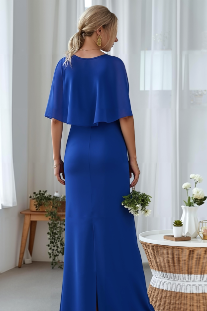 Modecrush Sheath Royal Blue Crew Neck Long Formal Dress with Ruffles