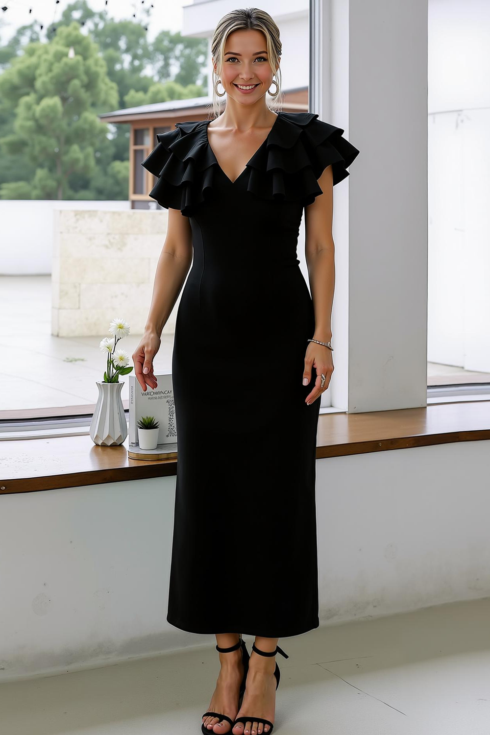 Modecrush Sheath Hot Pink V-Neck Formal Dress with Ruffles