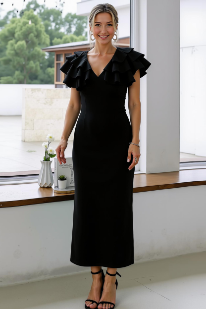 Modecrush Sheath Hot Pink V-Neck Formal Dress with Ruffles