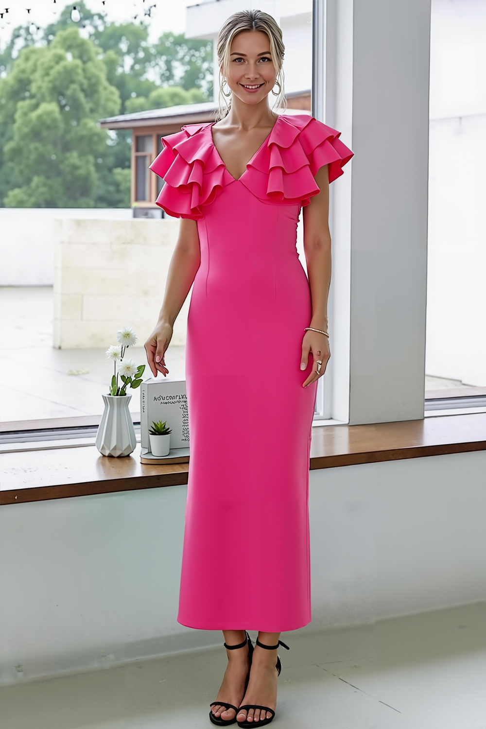 Modecrush Sheath Hot Pink V-Neck Formal Dress with Ruffles