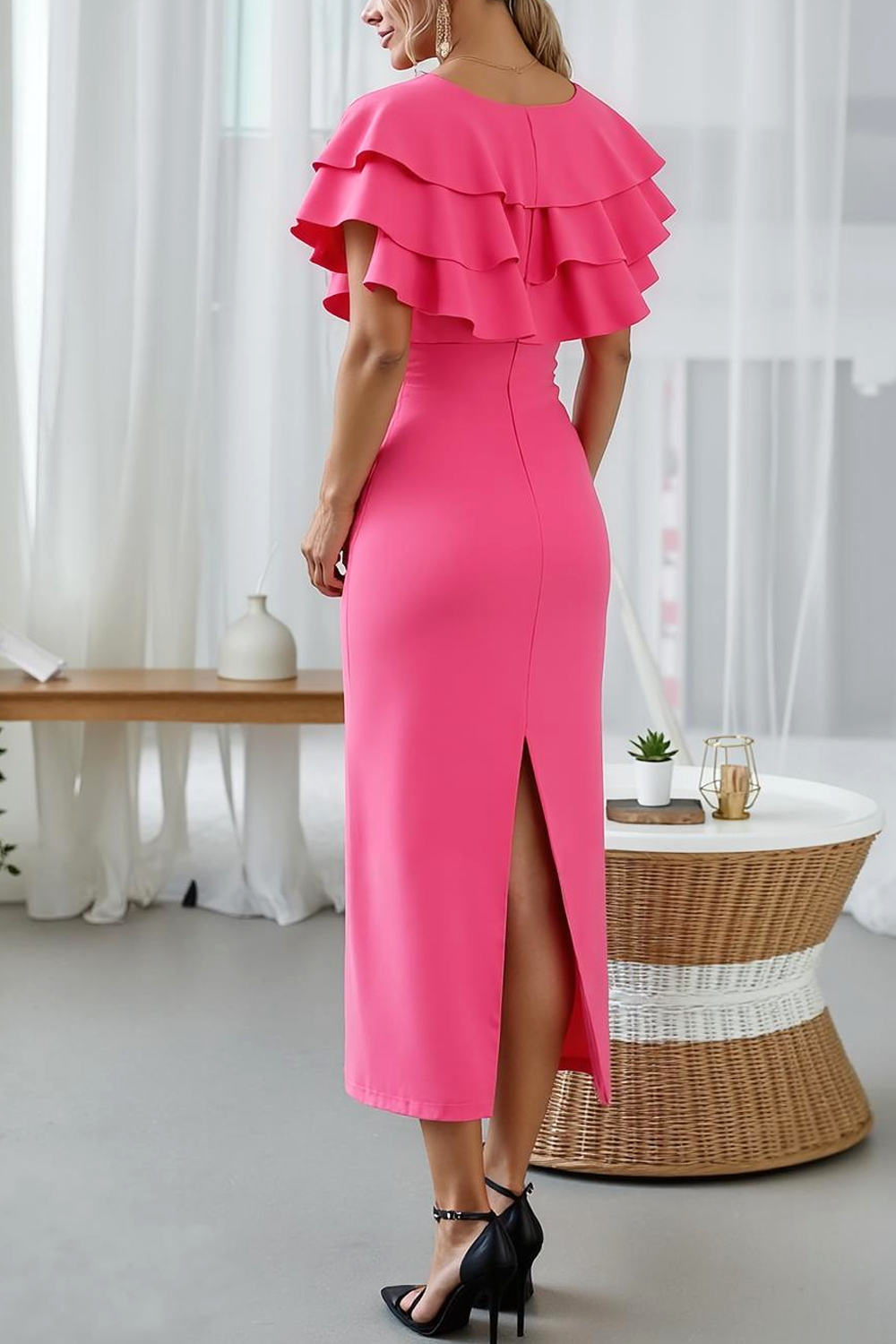 Modecrush Sheath Hot Pink V-Neck Formal Dress with Ruffles