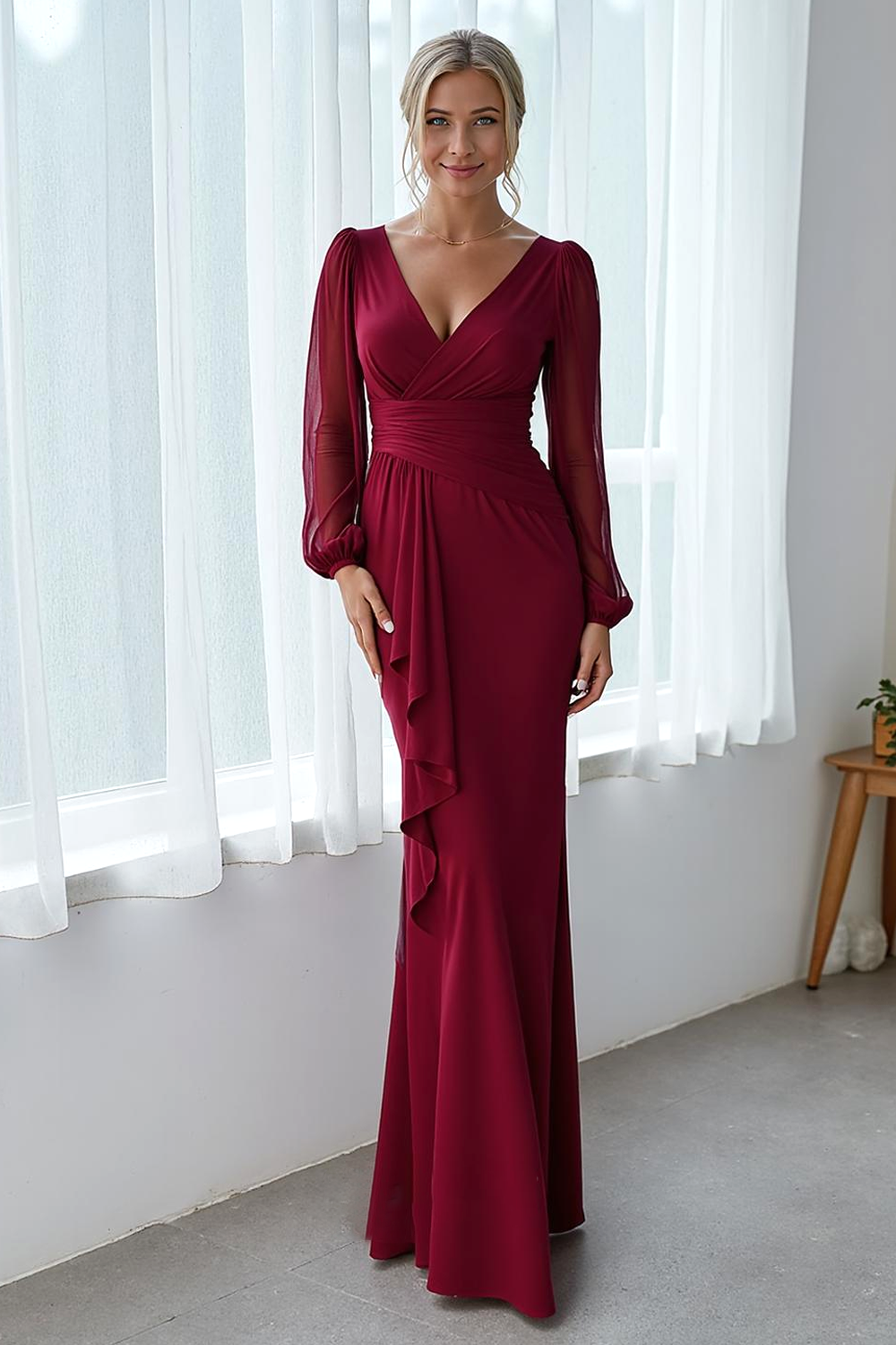 Modecrush Sheath Cabernet V-Neck Long Formal Dress with Ruffles
