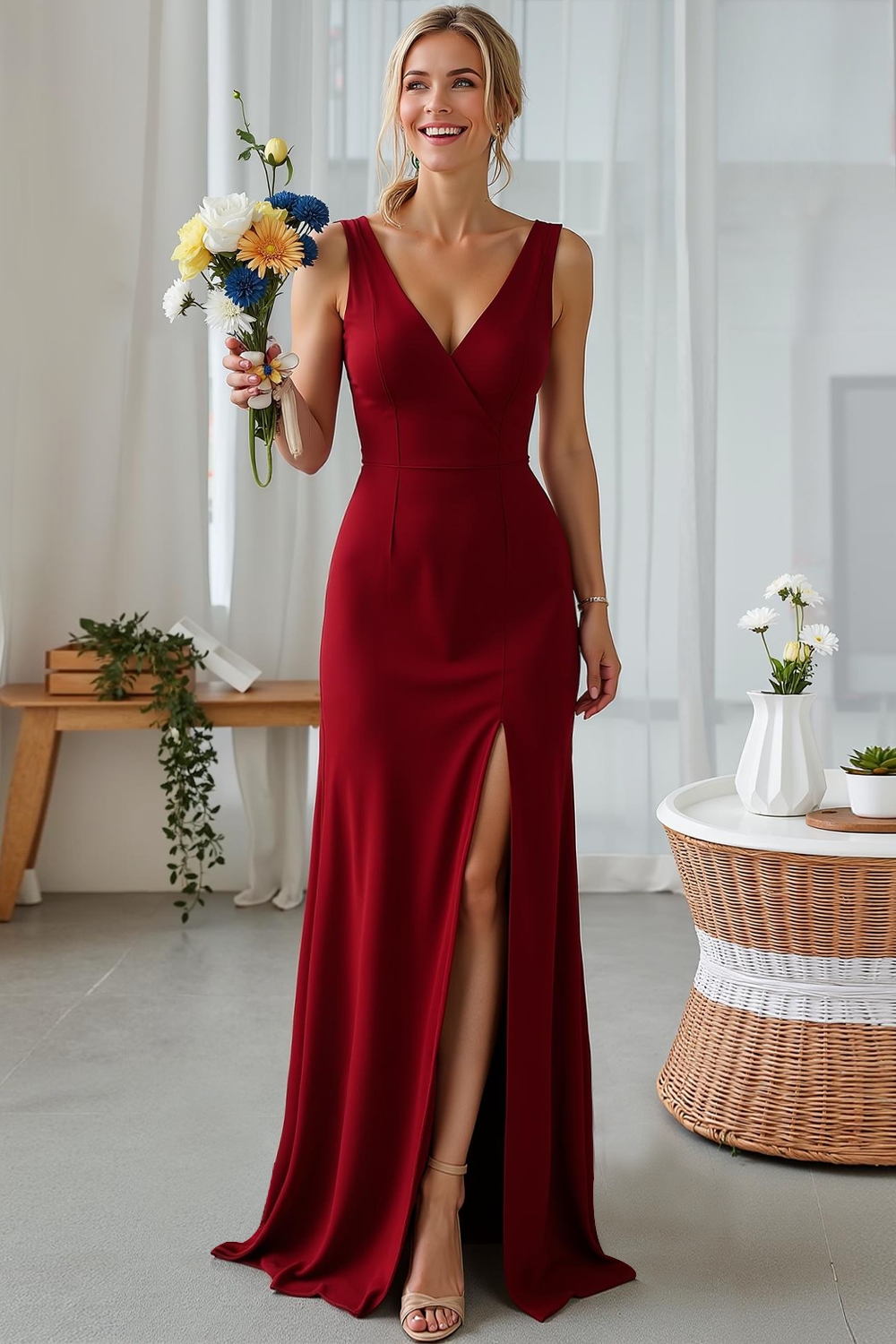 Modecrush Sheath Cabernet V-Neck Long Wedding Guest Dress with Slit