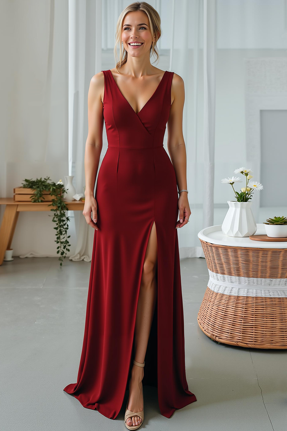 Modecrush Sheath Cabernet V-Neck Long Wedding Guest Dress with Slit