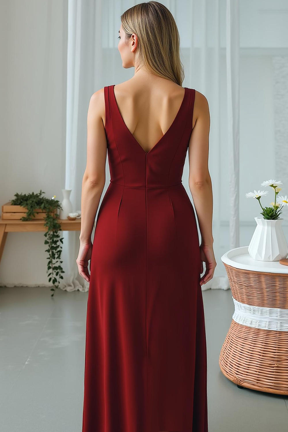 Modecrush Sheath Cabernet V-Neck Long Wedding Guest Dress with Slit
