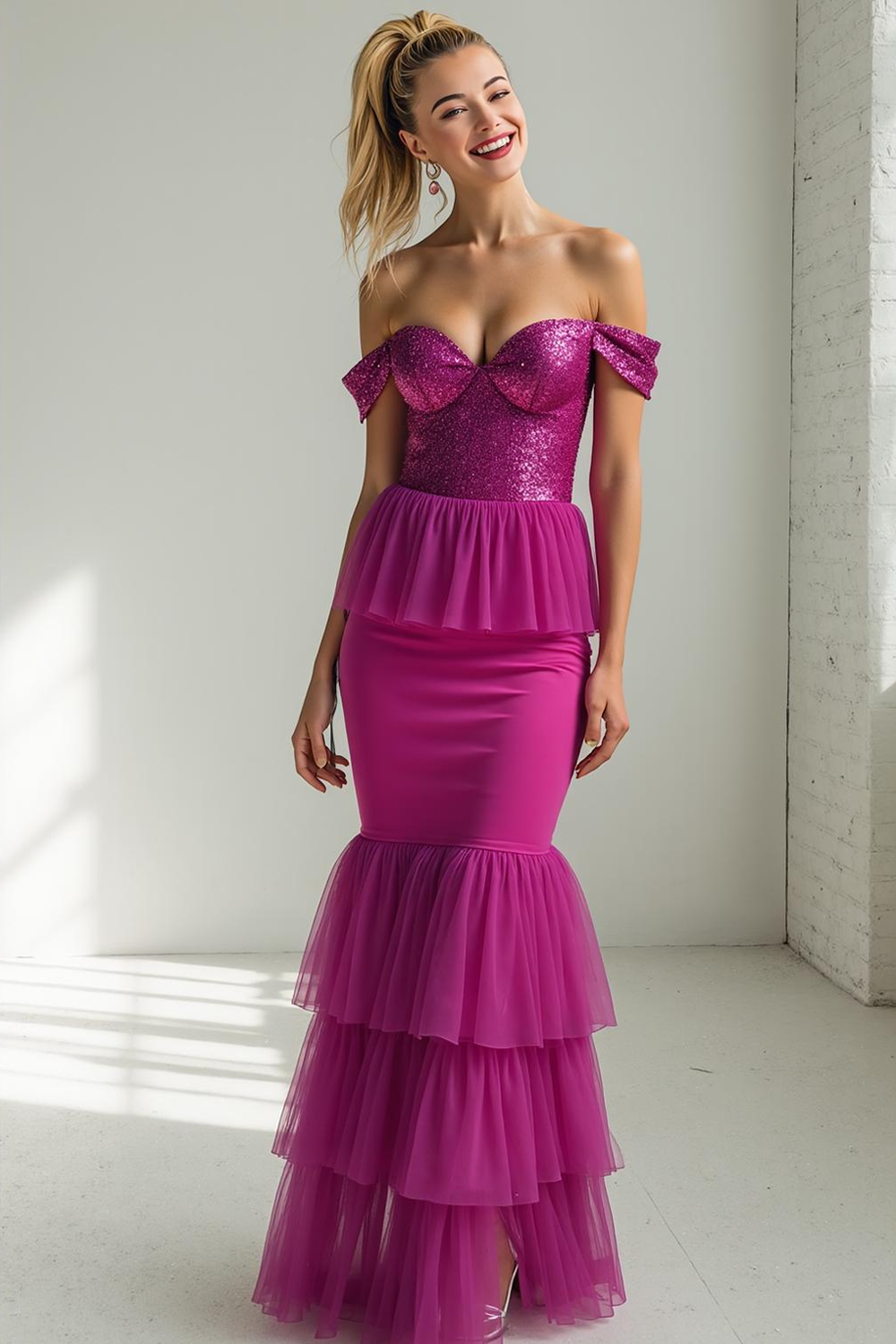 Modecrush Mermaid Rose Red Off the Shoulder Sequin Long Prom Dress with Ruffles