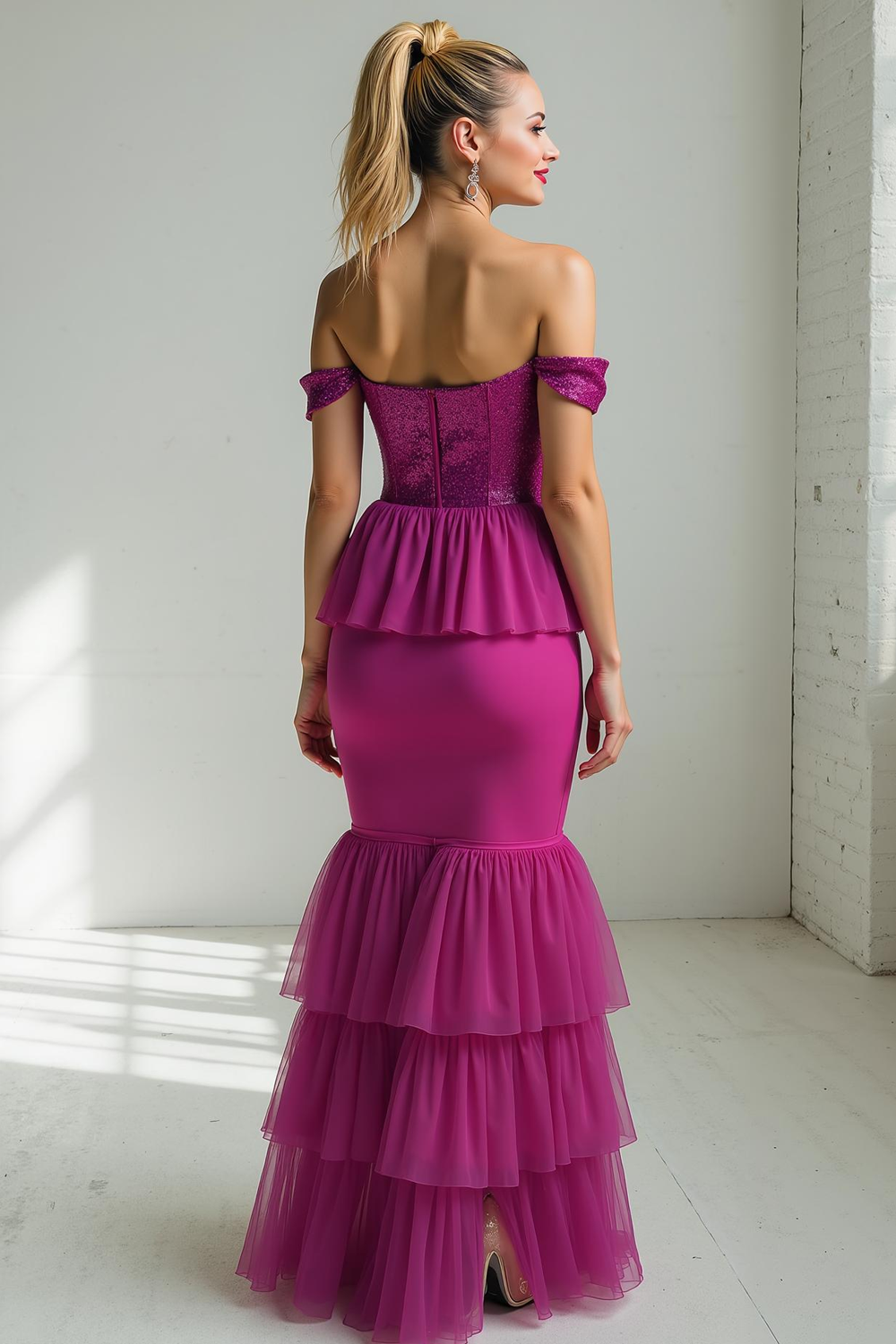 Modecrush Mermaid Rose Red Off the Shoulder Sequin Long Prom Dress with Ruffles