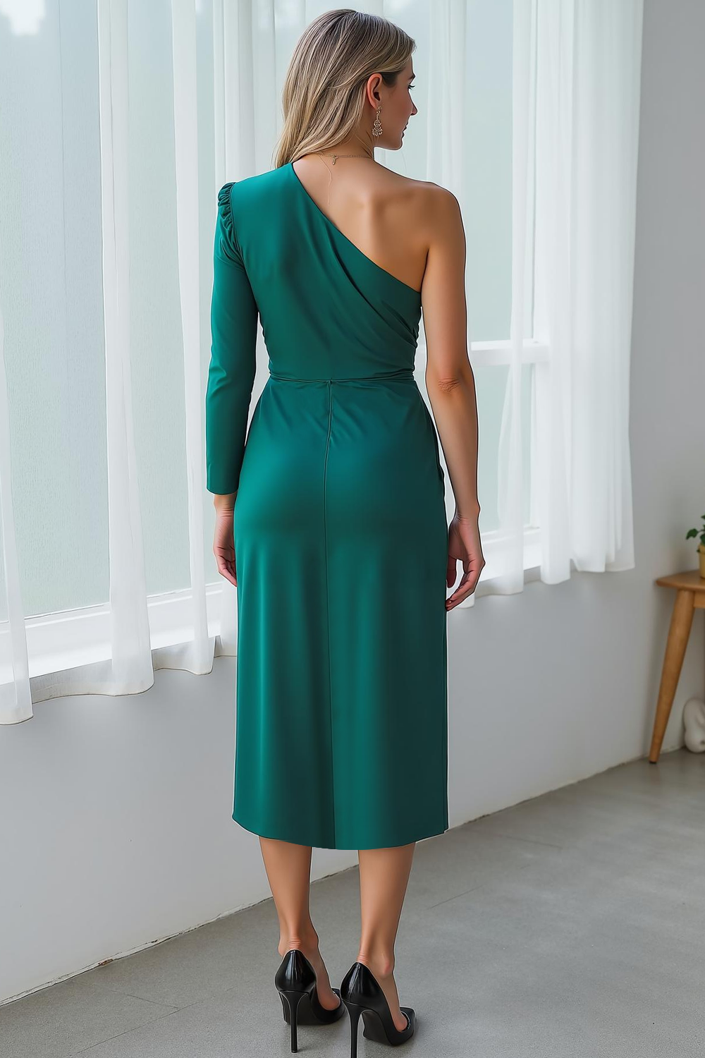 Modecrush Sheath Dark Green One Shoulder Formal Dress with Slit