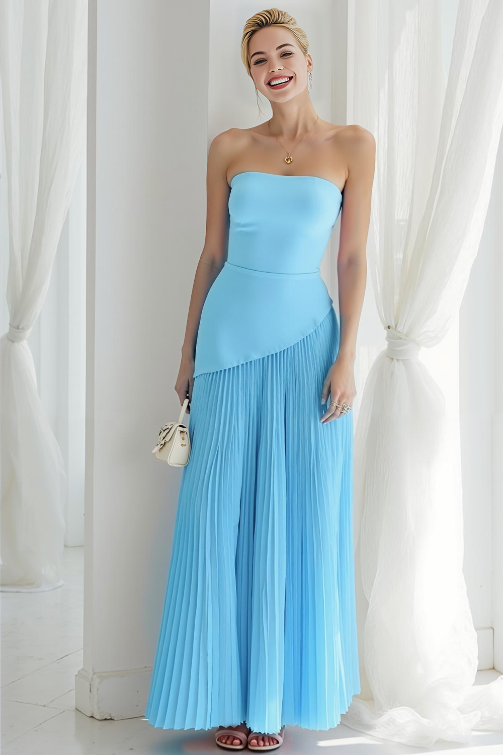 Modecrush Sheath Sky Blue Strapless Pleated Long Wedding Guest Dress 